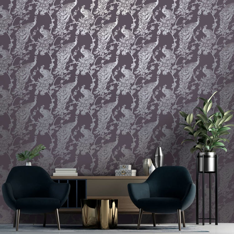 Niederländische Wandverkleidung Niederländische Wandverkauftpaper Peacock Purpur und Silberfarbe