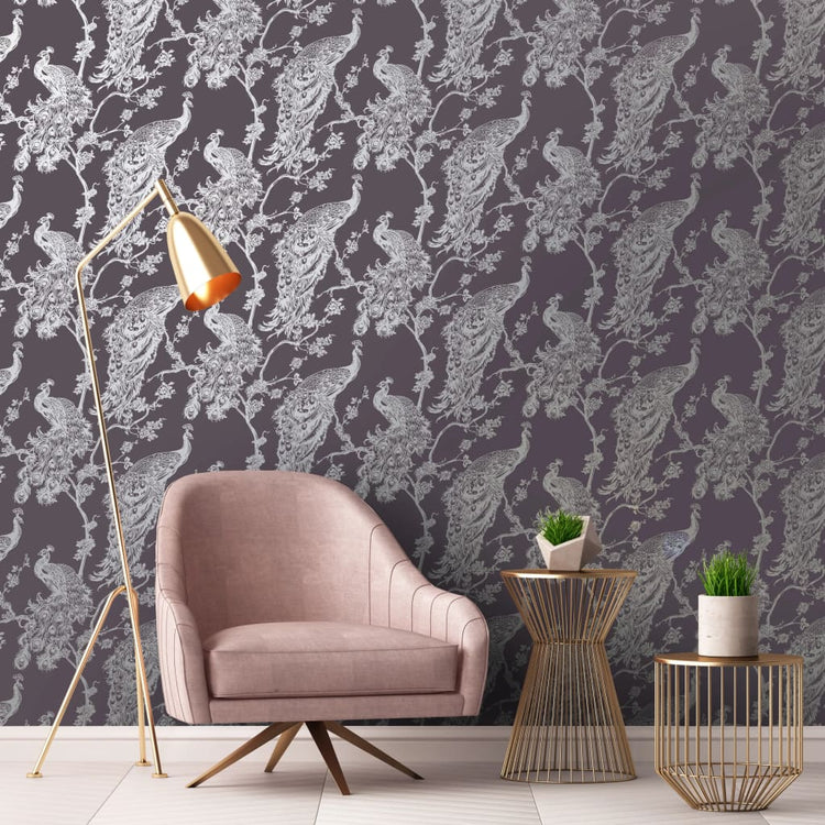 Niederländische Wandverkleidung Niederländische Wandverkauftpaper Peacock Purpur und Silberfarbe