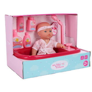 Mein wunderschönes Puppenbad mit Duschfunktion, Puppe und 5er-Set Zubehör