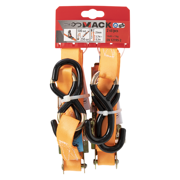 Mack 1072108 – 2 Spanngurte PE, Ratschenspanner 25 mm – 4 m, max. 500 kg, 2 Haken, 2 Haken | 5 Stück