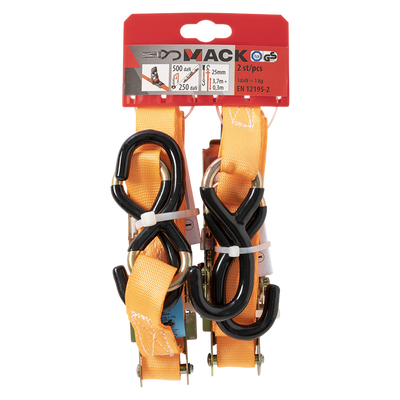 Mack 1072108 – 2 Spanngurte PE, Ratschenspanner 25 mm – 4 m, max. 500 kg, 2 Haken, 2 Haken | 5 Stück