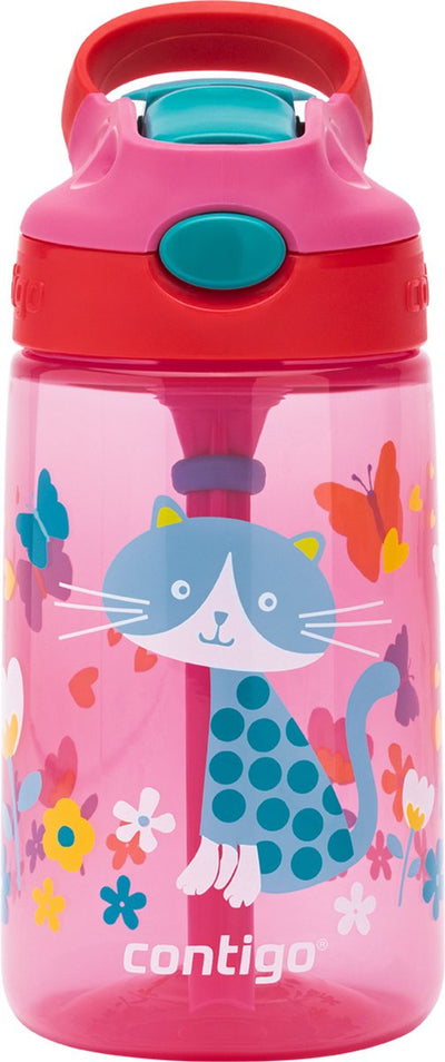 Contigo Gizmo Flip Autospout Kindertrinkflasche mit Strohhalm, BPA-freie Wasserflasche – Kirsche mit Katze – 420 ml