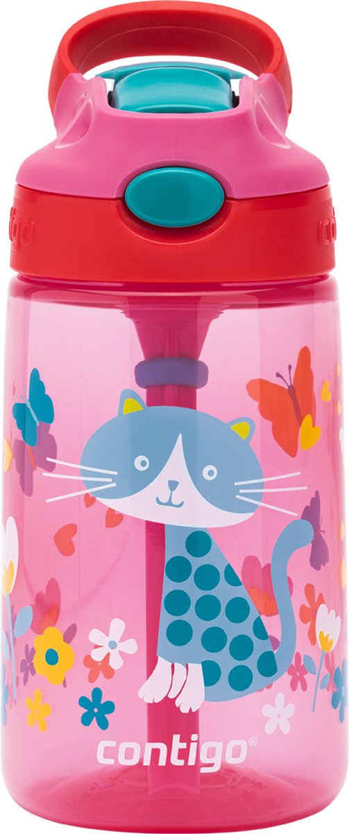 Contigo Gizmo Flip Autospout Kindertrinkflasche mit Strohhalm, BPA-freie Wasserflasche – Kirsche mit Katze – 420 ml