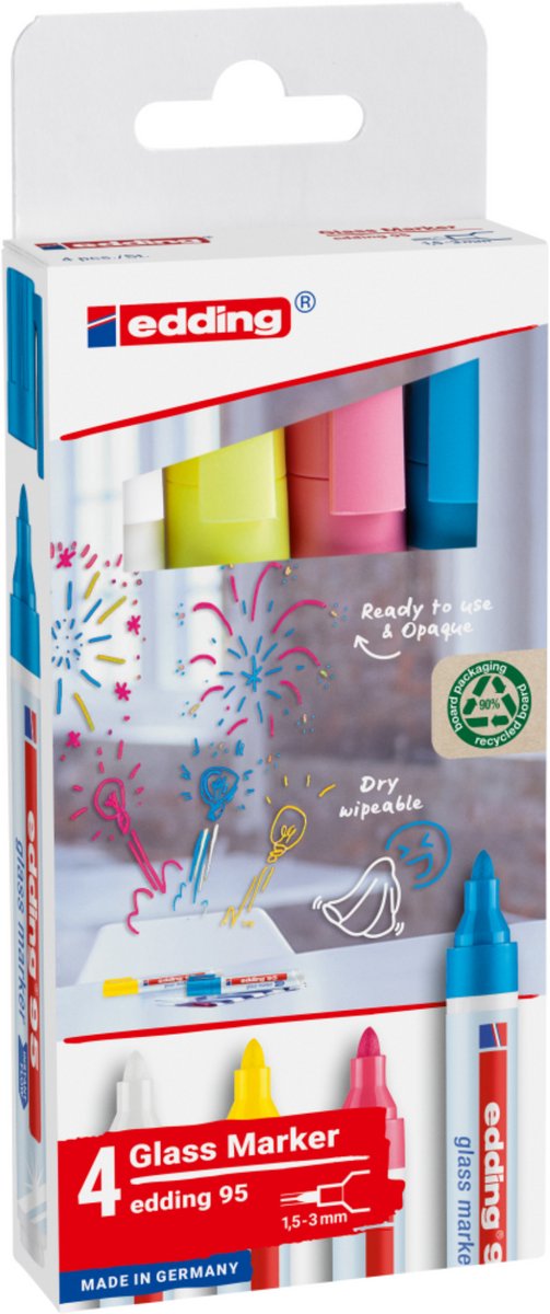 Edding 95 Glasmarker-Set mit 4 Farben – Weiß, Gelb, Rosa, Hellblau – Rundspitze 1,5–3 mm – auch für Whiteboards geeignet – trocken abwischbar