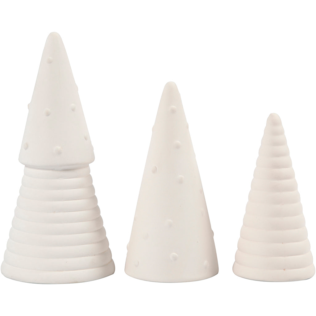 Creativ Company Weihnachtsbäume, H: 10+12+15 cm, T 5+6+7 cm, weiß, 3 Stück 1 Karton