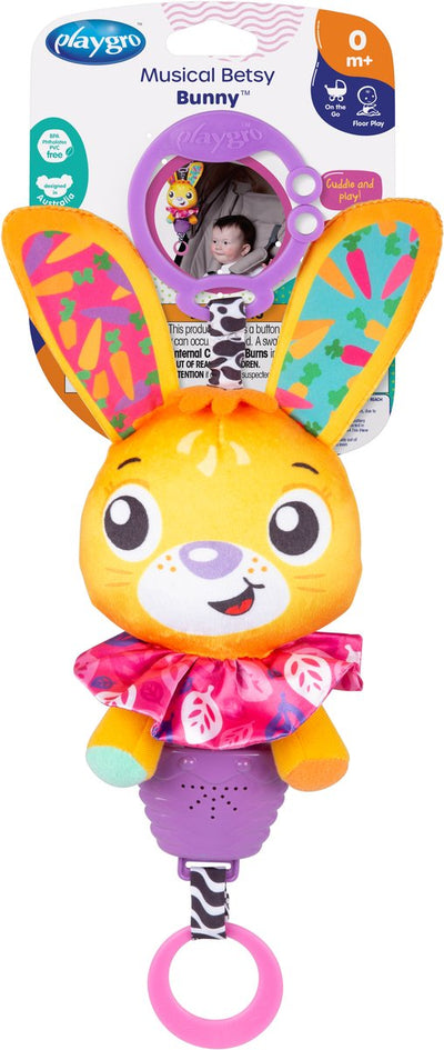 Playgro Spieluhr mit Zugschnur Betsy Bunny – Hängespielzeug – Kinderwagenspielzeug – Babyspielzeug – Spielzeug 1 Jahr – Babyspielzeug mit Sound – Kinderwagenzubehör – Buggy-Zubehör – Lernspielzeug – Stofftier – Babyspielzeug mit Musik