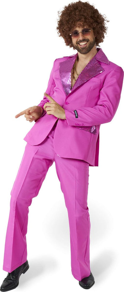 Suitmeister Disco-Kostüm – Herrenanzug – Karnevalskleidung – Saturday Night Fever-Kostüm – inklusive Jacke und Schlaghose – Pink – Größe: M