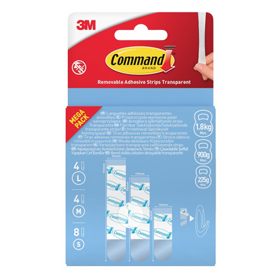 3 m 1075982 – Command-Klebestreifen-Set, 16 Stück, 8 s + 4 m + 4 l, transparent, zum Entfernen | 12 Stück