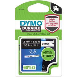 Etikettenband Dymo D1, strapazierfähiges Vinyl, 12 mm x 5,5 m, Schwarz auf Weiß