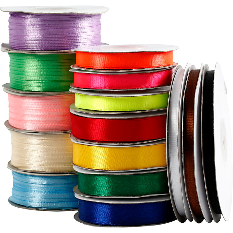 Creativ Company Satinband, B: 3-19 mm, verschiedene Farben, 15 Rollen 1 Box