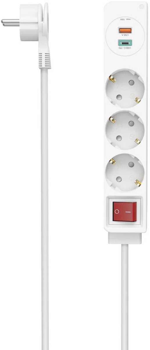 Hama 3-fach-Steckdosenleiste mit Schalter – 1x USB-A, 1x USB-C – 1,4 m. - weiß