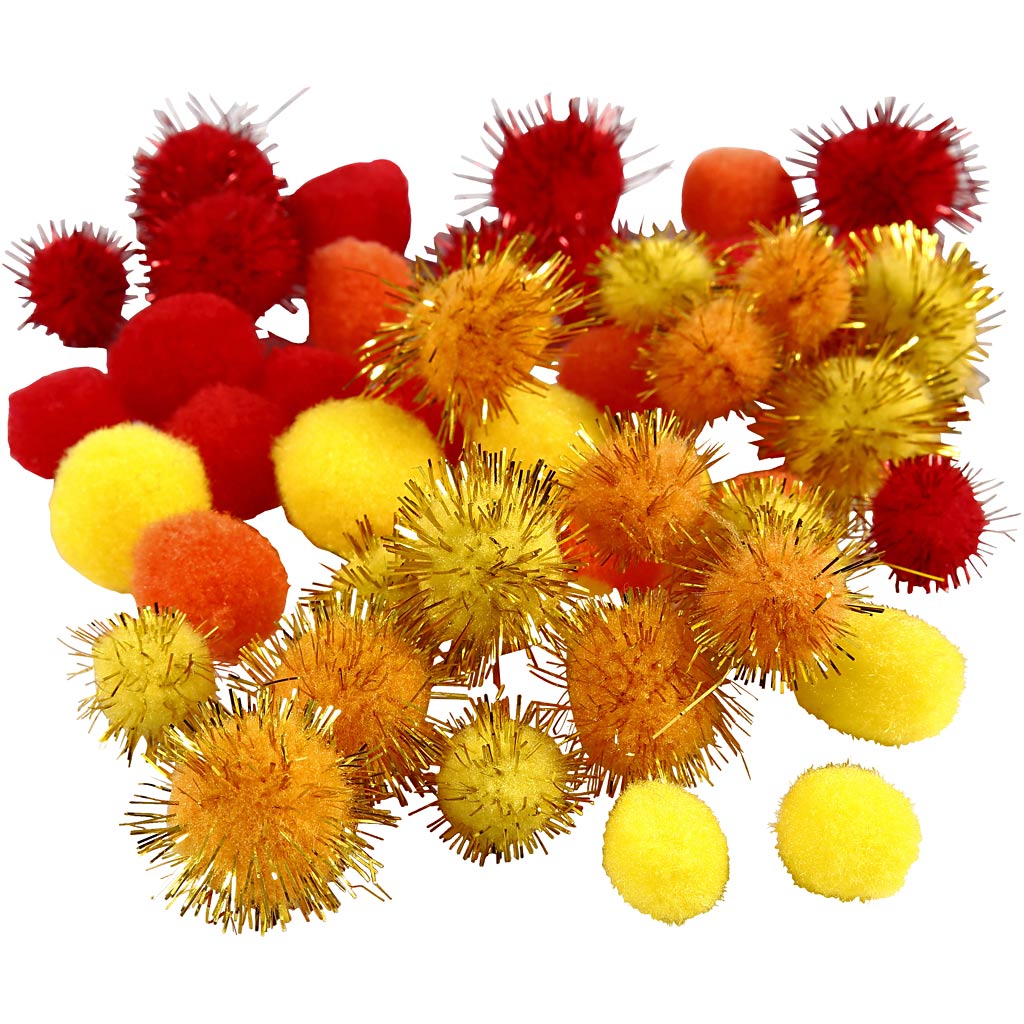 Creativ Company Pompons, D 15+20 mm, orange, rot, gelb, 48 div. 1 Box
