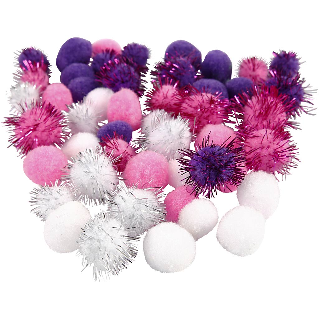 Creativ Company Pompons, D 15+20 mm, lila, hellrot, weiß, 48 div. 1 Box