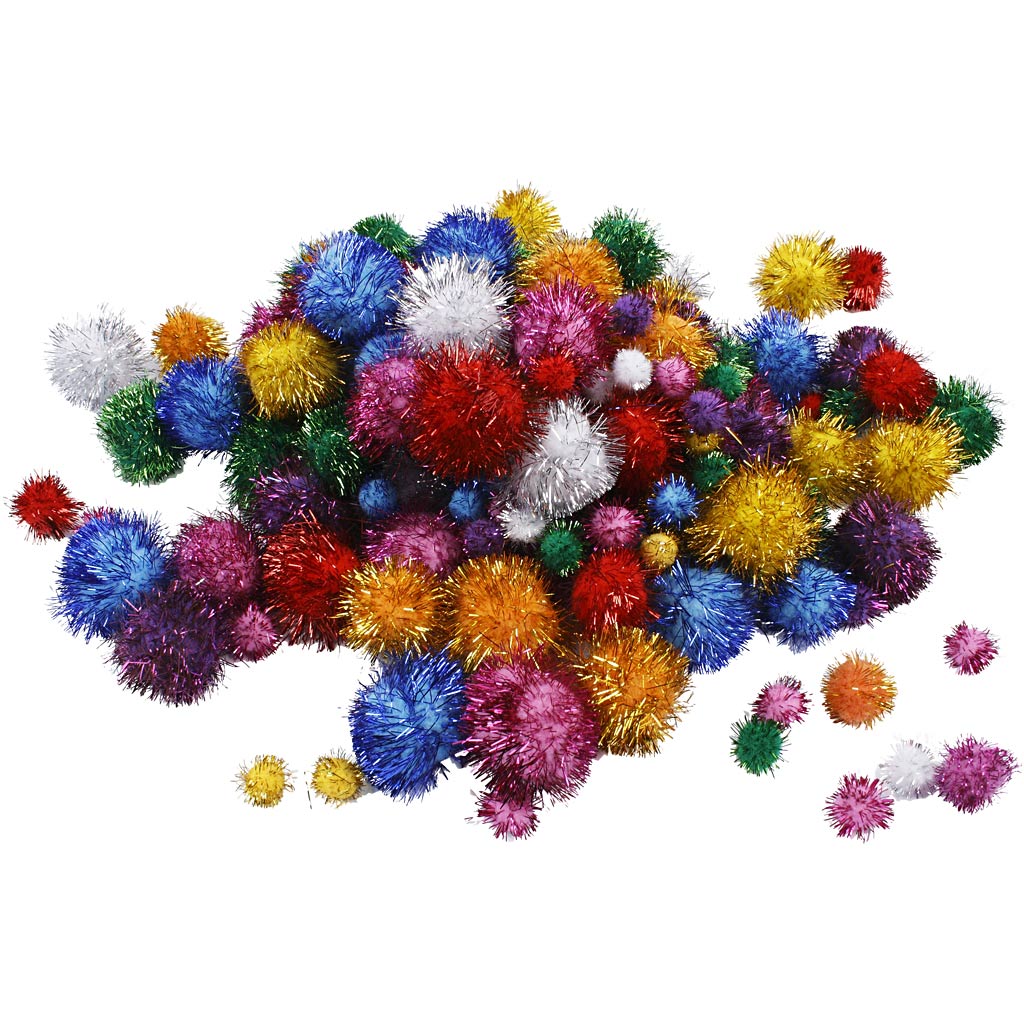 Creativ Company Pompons, D 15-40 mm, Glitzer, ca. 75 Stück, kräftige Farben, 62 g 1 Box
