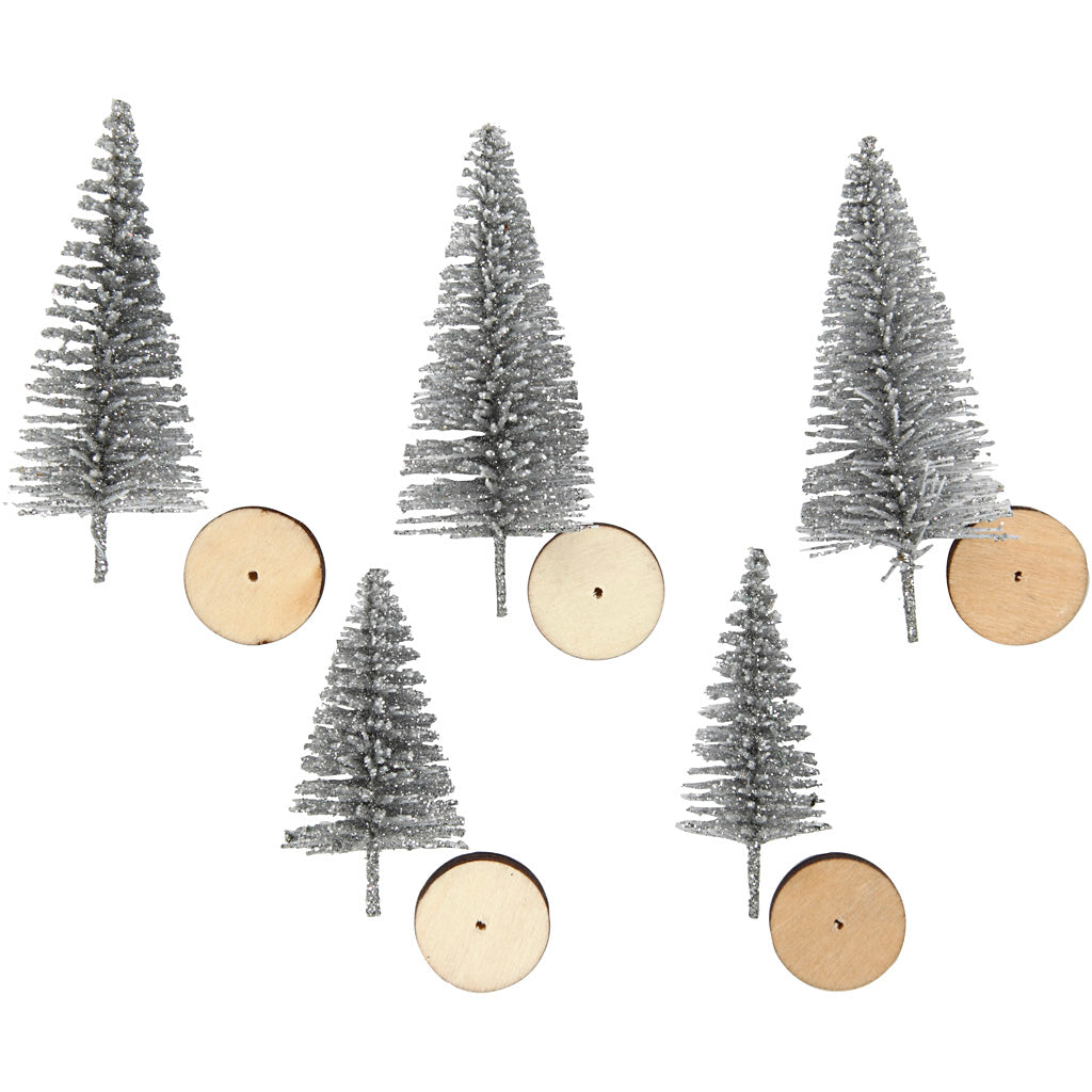 Creativ Company Weihnachtsbäume, H: 40+60 mm, Silber, 5 Stück 1 Karton