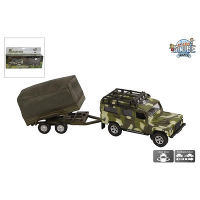 Kids Globe Die Cast Land Rover mit Trailer Army, 27 cm