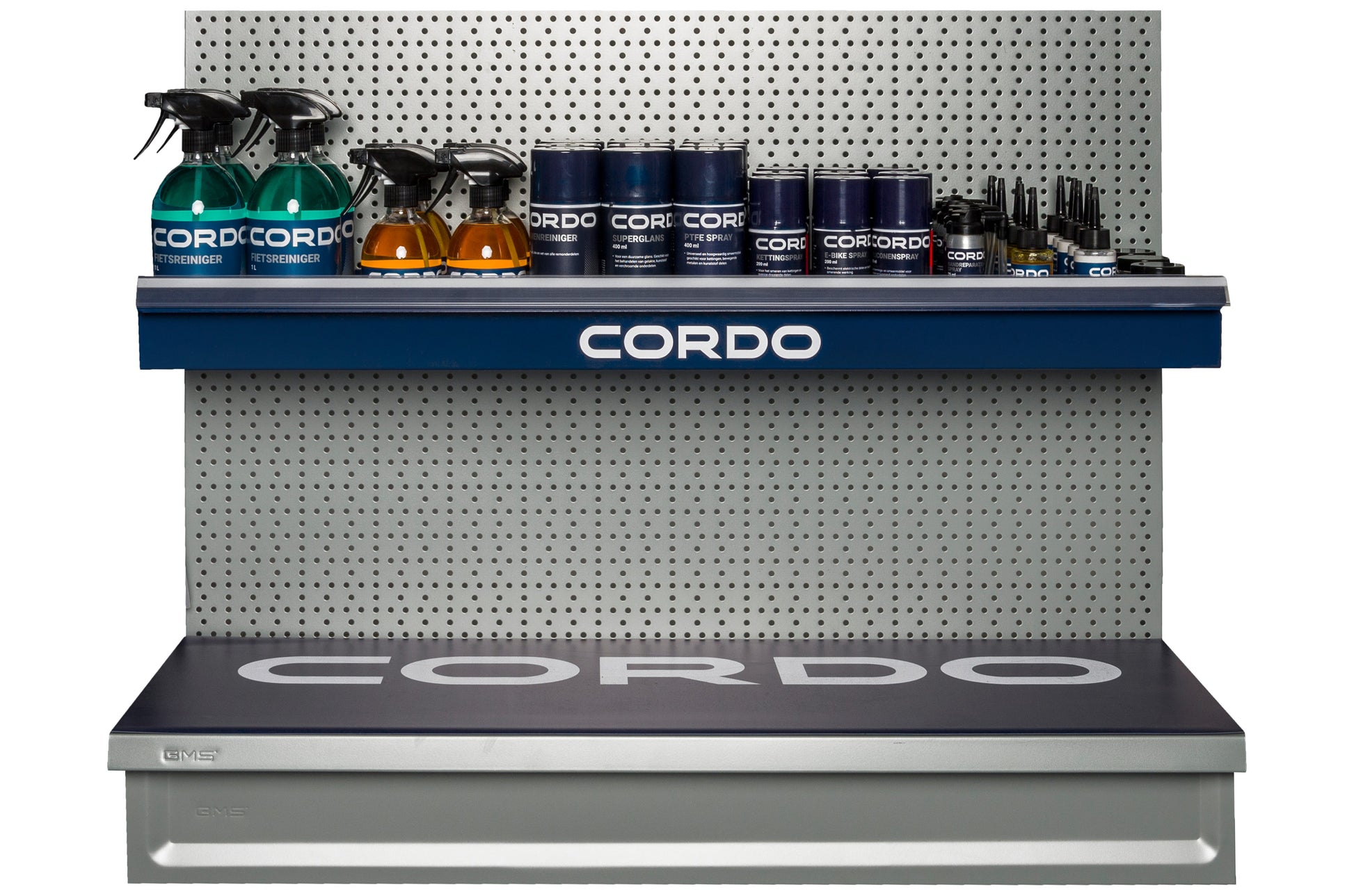 Cordo-Trägerregal Promo Tego und Lamellenwand für Wartungsprodukte