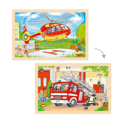 Goki Holzpuzzle - Hubschrauber und Feuerwehrauto - 24 Teile.