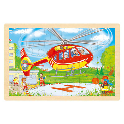 Goki Holzpuzzle - Hubschrauber und Feuerwehrauto - 24 Teile.