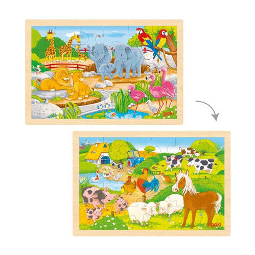 Goki Holzpuzzle - Bauernhof und Zoo - 24 Teile.