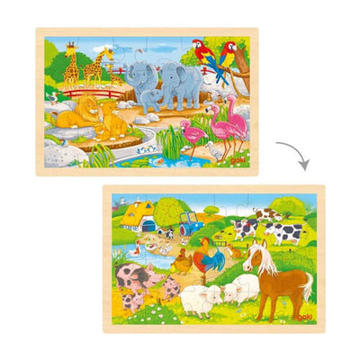 Goki Holzpuzzle - Bauernhof und Zoo - 24 Teile.