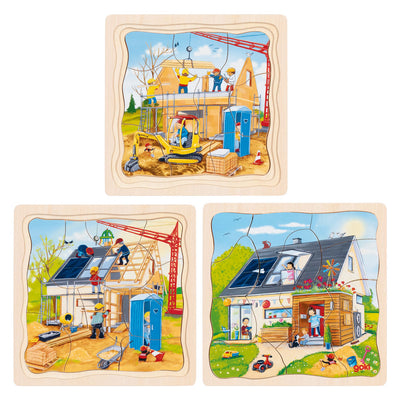 Goki Holz 3-Schichten-Puzzle - Hausbau - 35 Teile.