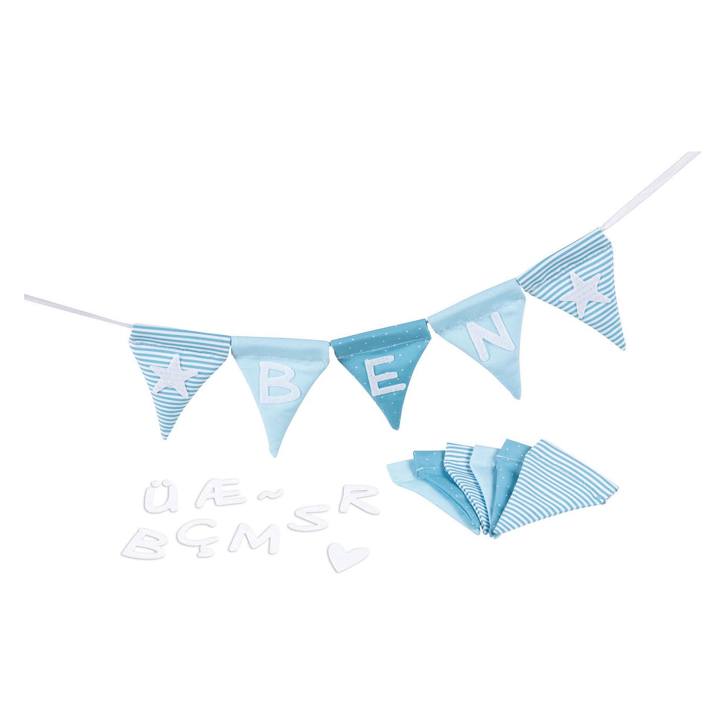 Goki Fabric Flag -Linie macht blau mit 10 Flaggen und Alphabetzeichen