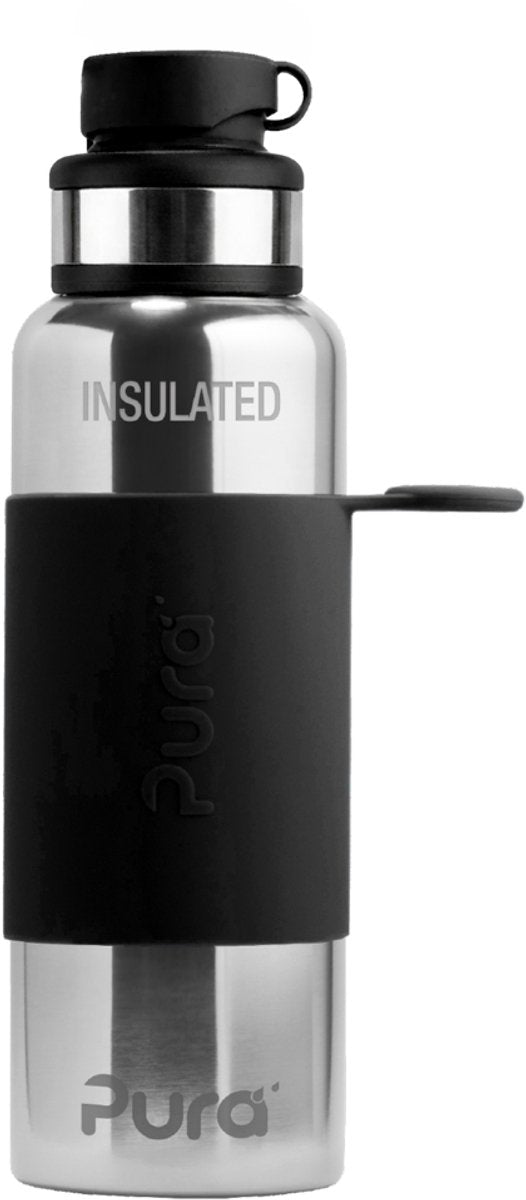 Pura Thermos-Sportflasche 650 ml – Thermoskanne – Thermosbecher – plastikfrei – mit Doppelwand – inklusive Sportkappe und Sporthülle – Oberteil ist austauschbar – Schwarz