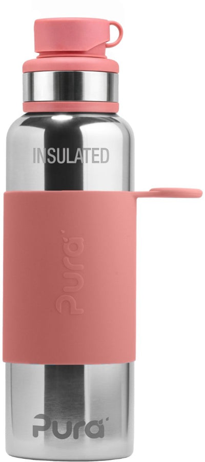 Pura Thermos-Sportflasche 650 ml – Thermoskanne – Thermosbecher – plastikfrei – mit Doppelwand – inklusive Sportkappe und Sporthülle – Oberteil ist austauschbar – Pink