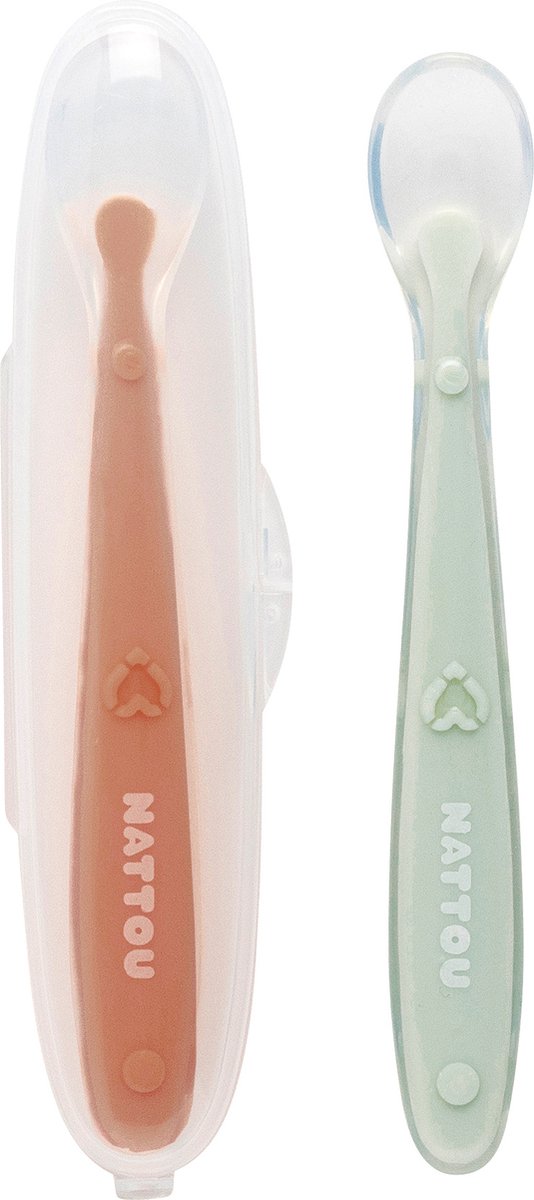 Nattou Silikonlöffel für Kinder – 2 Stück – 16 cm – Transportbox für 1 Löffel – BPA-frei – Grün Beige