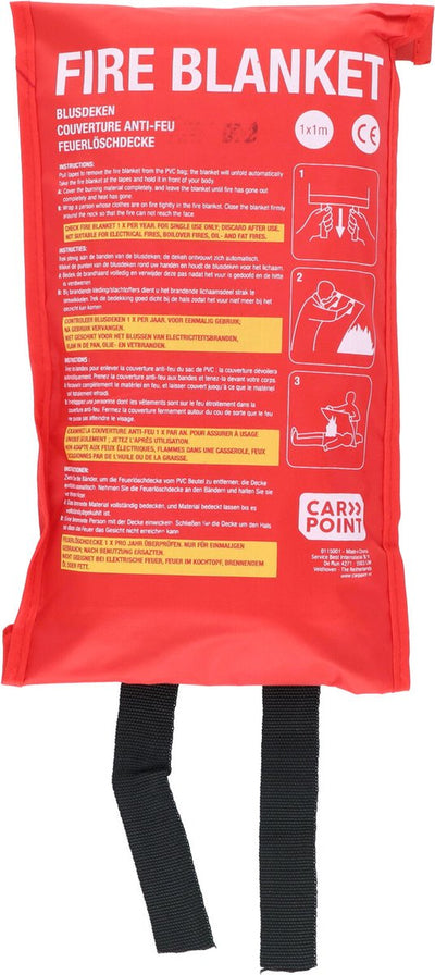 Carpoint Löschdecke – für kleine Entstehungsbrände – entspricht der Norm EN1869 – zum einmaligen Gebrauch – feuersicher – mit Aufbewahrungstasche – Maße 1x1 Meter