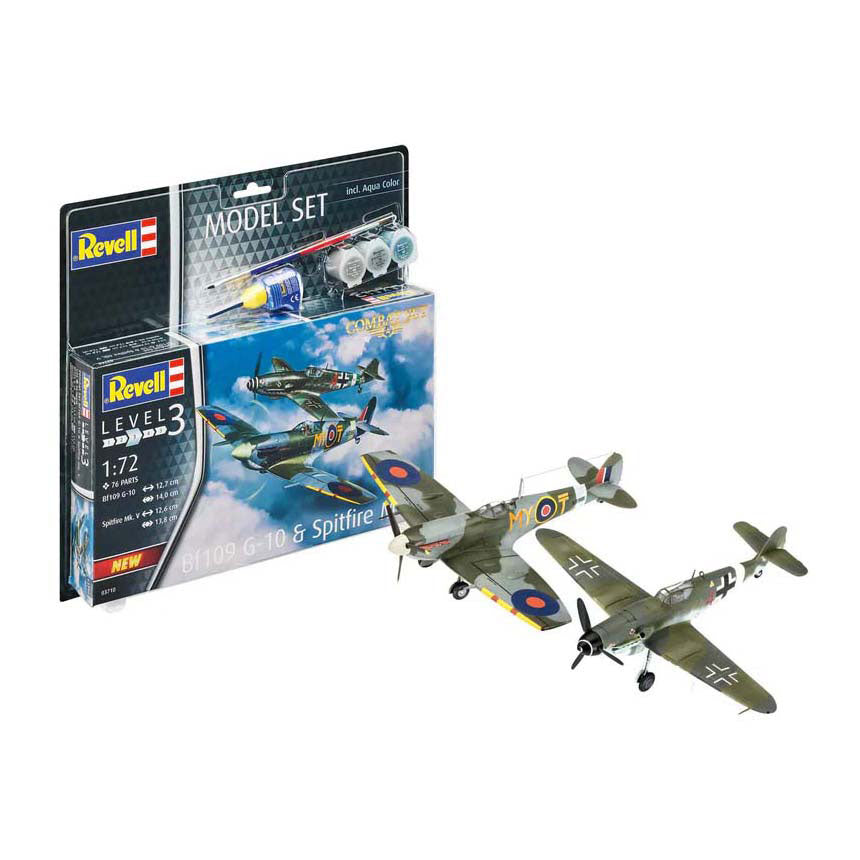 Revell Modellbausatz - Kampfset bf109g-10 Spitfire mk.v 1:72 - 76 Teile. - inkl. Aqua-Color-Grundfarben