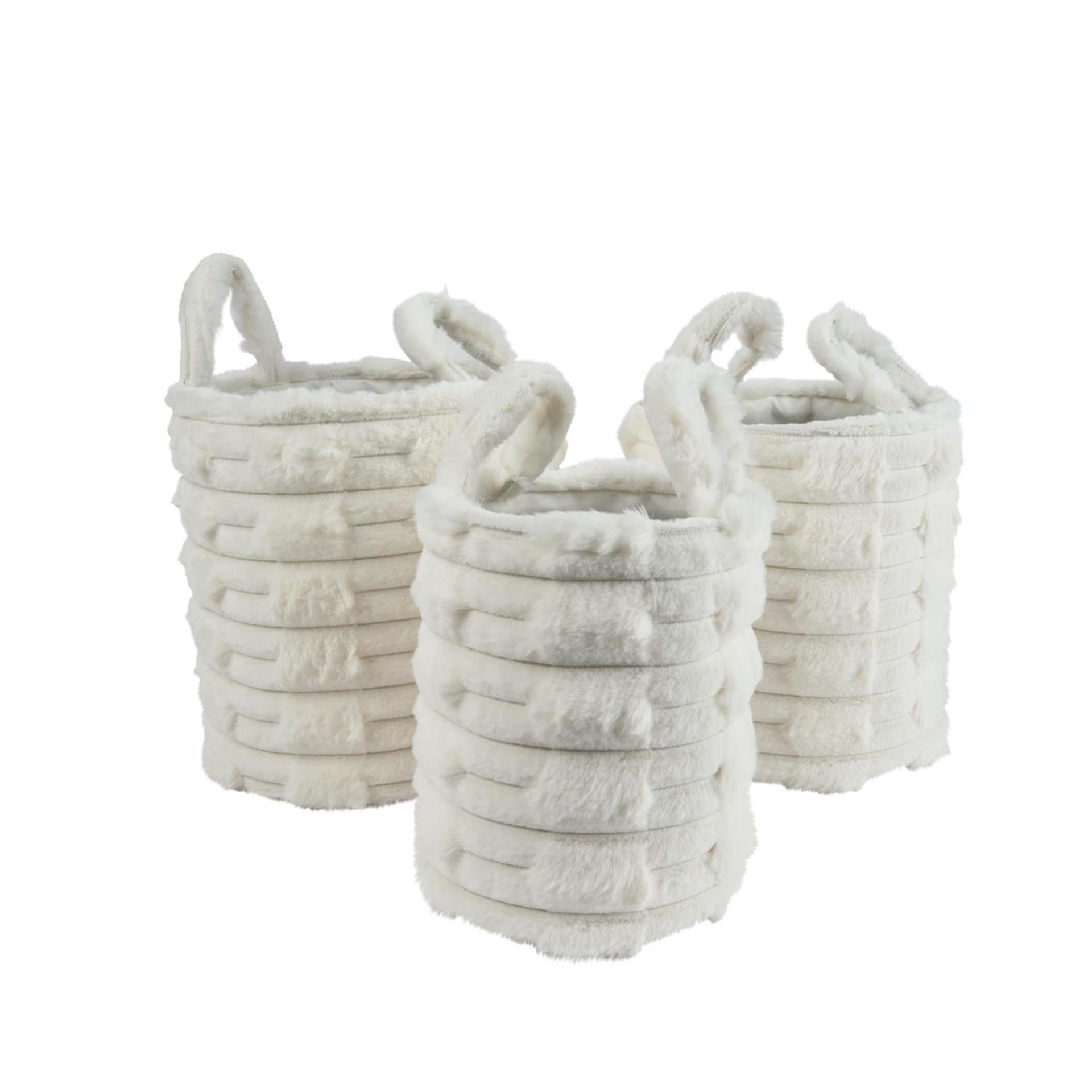 3-teiliges Korbset von Decoris, 30 x 30 cm, cremefarbenes Kunstfell