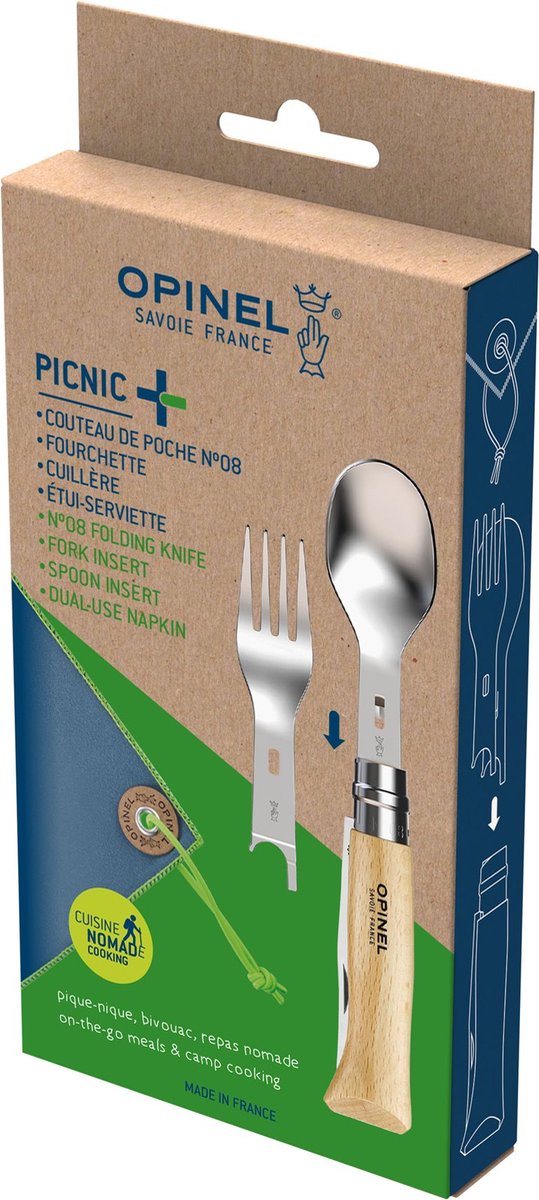 Opinel Picnic Plus Reisebesteck – 4-teilig – Edelstahl Buchenholz – Taschenmesser