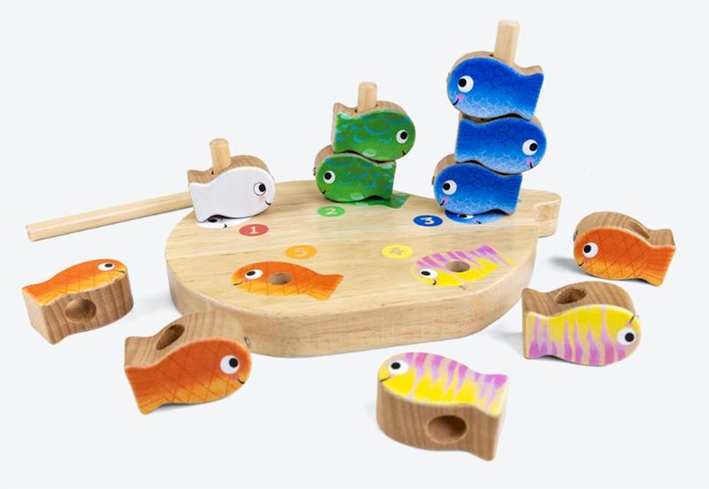 Clavis Verlag gegenten*4 in 1 Holzspiel kleiner weißer Fisch. Stapel, Stab, Anzahl und Faden