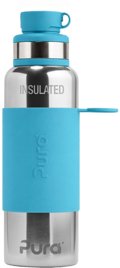 Pura Thermos-Sportflasche 650 ml – Thermoskanne – Thermosbecher – plastikfrei – mit Doppelwand – inklusive Sportkappe und Sporthülle – Oberteil ist austauschbar – Aqua