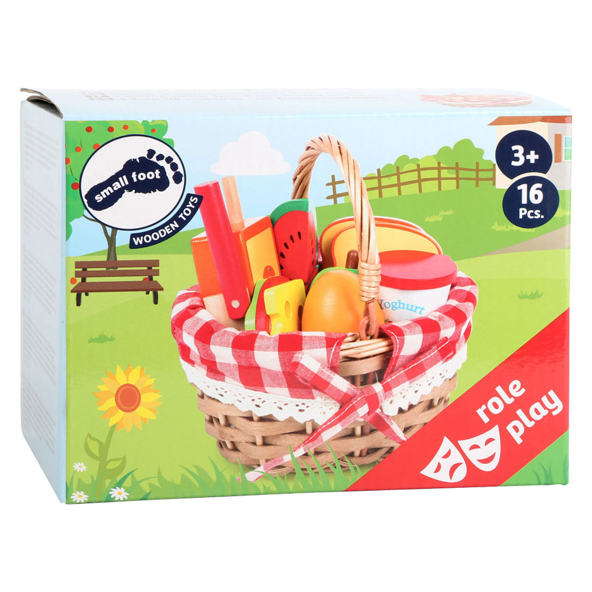 Kleiner Fußpicknickkorb mit Holzschnitt