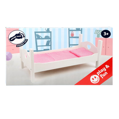 Kleines Fuß Holzpuppenbett weiß mit Bettwäsche, 4dlg.