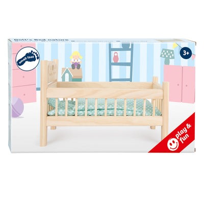 Kleine Fußholzpuppenbett natürlich mit Bettwäsche, 4LDG.