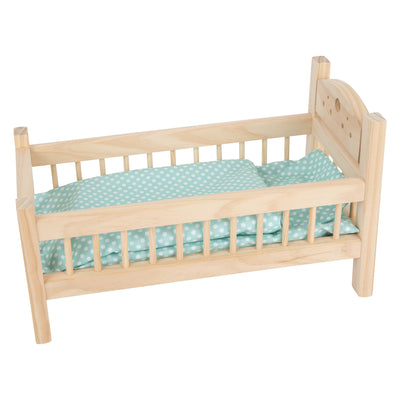 Kleine Fußholzpuppenbett natürlich mit Bettwäsche, 4LDG.