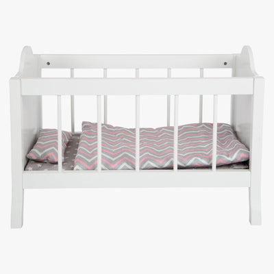 Kleines Fußholzpuppenbett weiß mit Bettwäschestreifen, 4dlg.