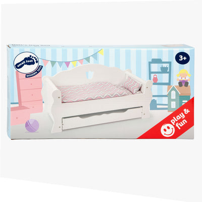 Kleines Fuß Holzpuppenbett mit Schublade und Bettwäsche, 4dlg.