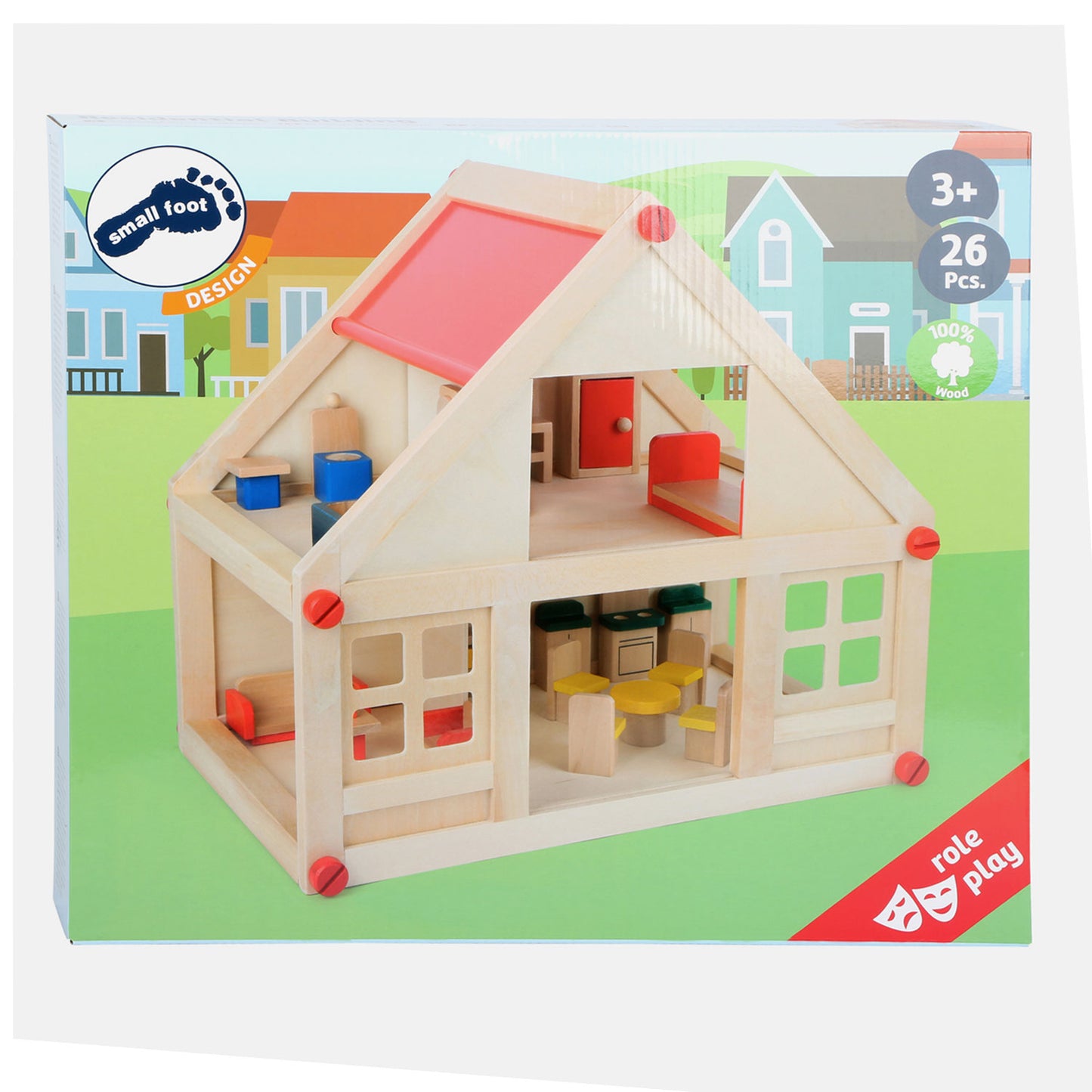 Kleines Fußholzpuppenhaus mit Möbeln, 23dlg.