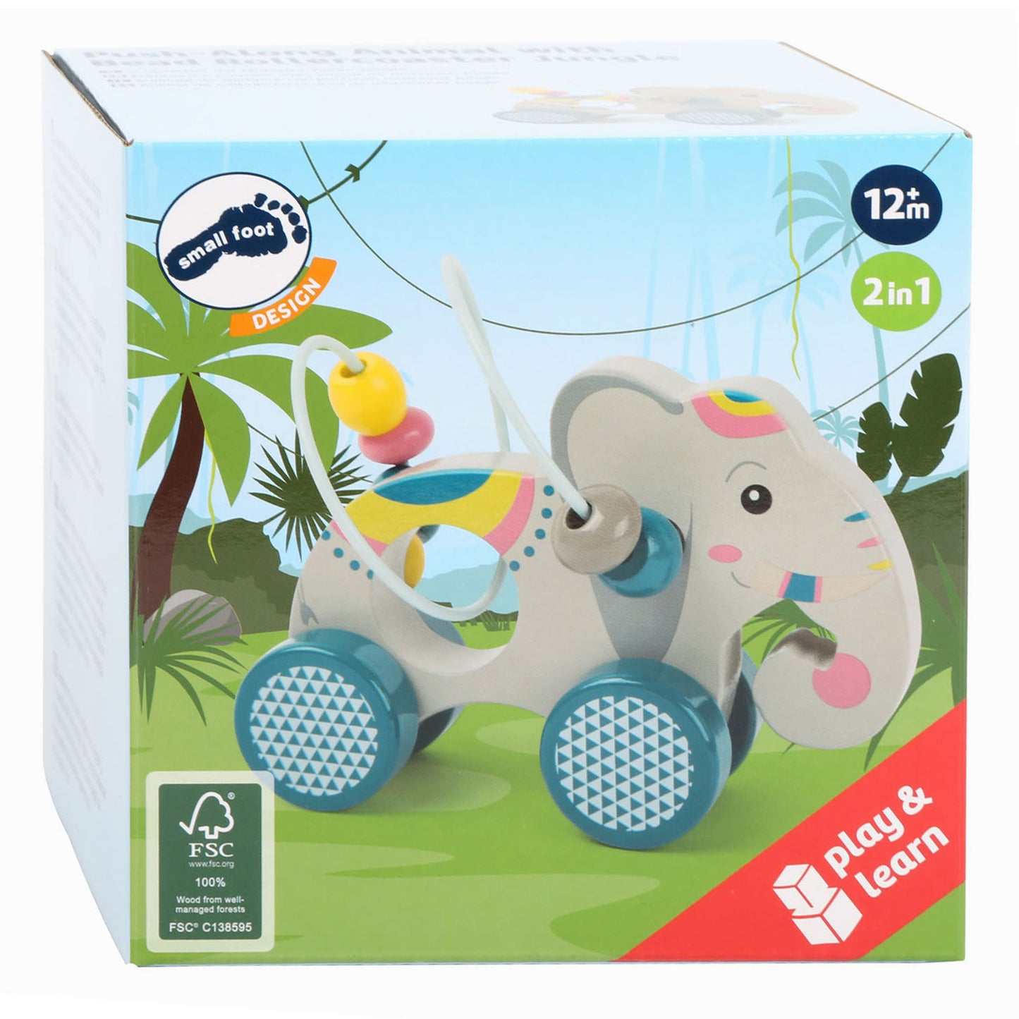 Kleiner Fußholz -Push -Figur Elefant mit Motorpiral