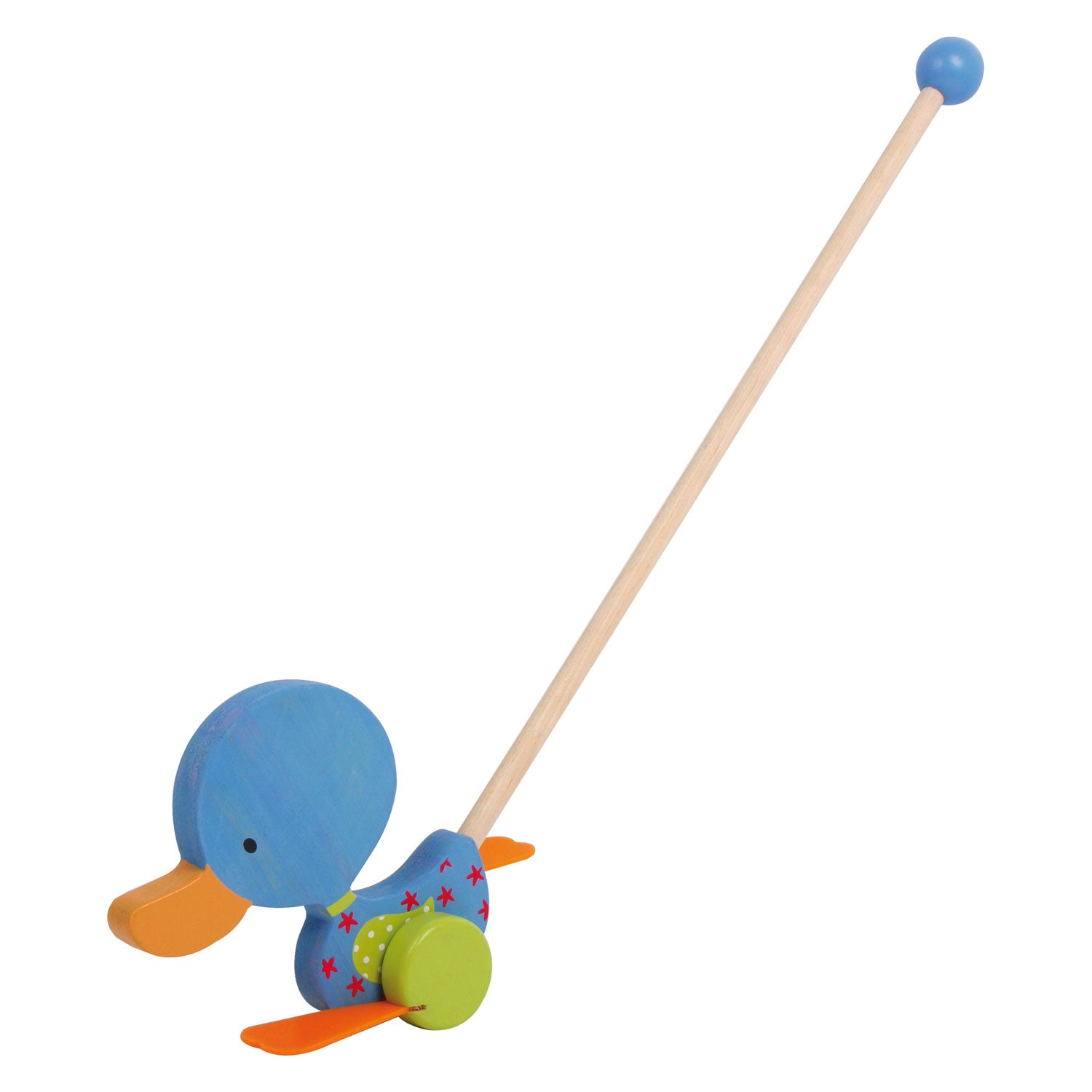 Kleiner Fußholz -Push -Figur Duck Matteo mit Stock