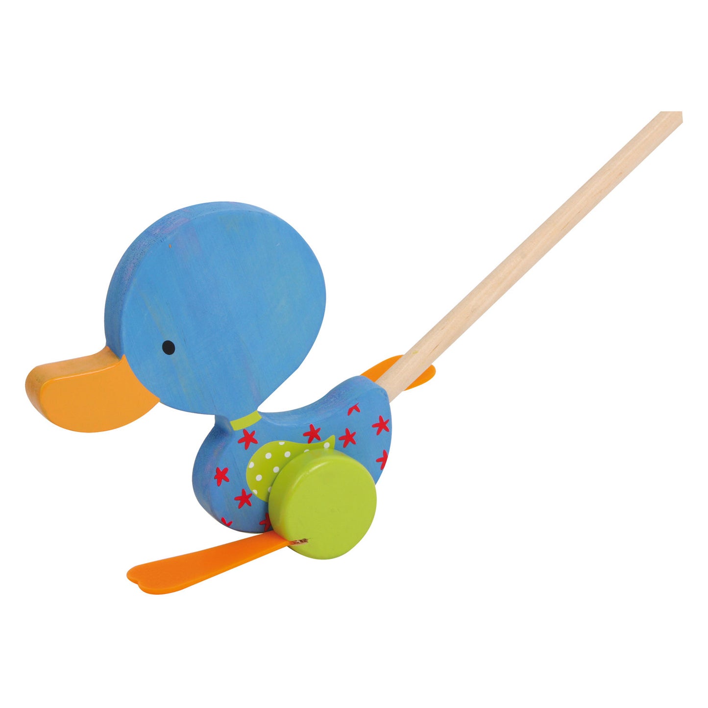 Kleiner Fußholz -Push -Figur Duck Matteo mit Stock