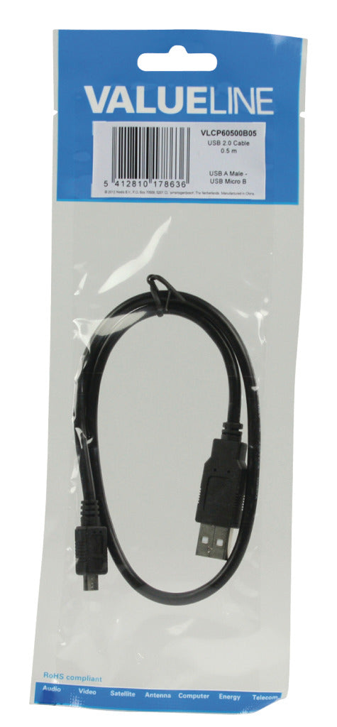 Valuelin Valueline VLCP60500B05 USB 2.0 USB Ein männliches USB -Mikro B Männliches Kabel 0,50 m Schwarz