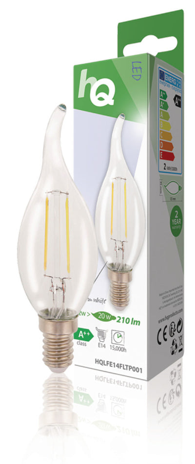HQ HQ HQLFE14FLTP001 LED RETRO Filament Lampe E14 Bent Candle 2 W 210 LM 2700 K