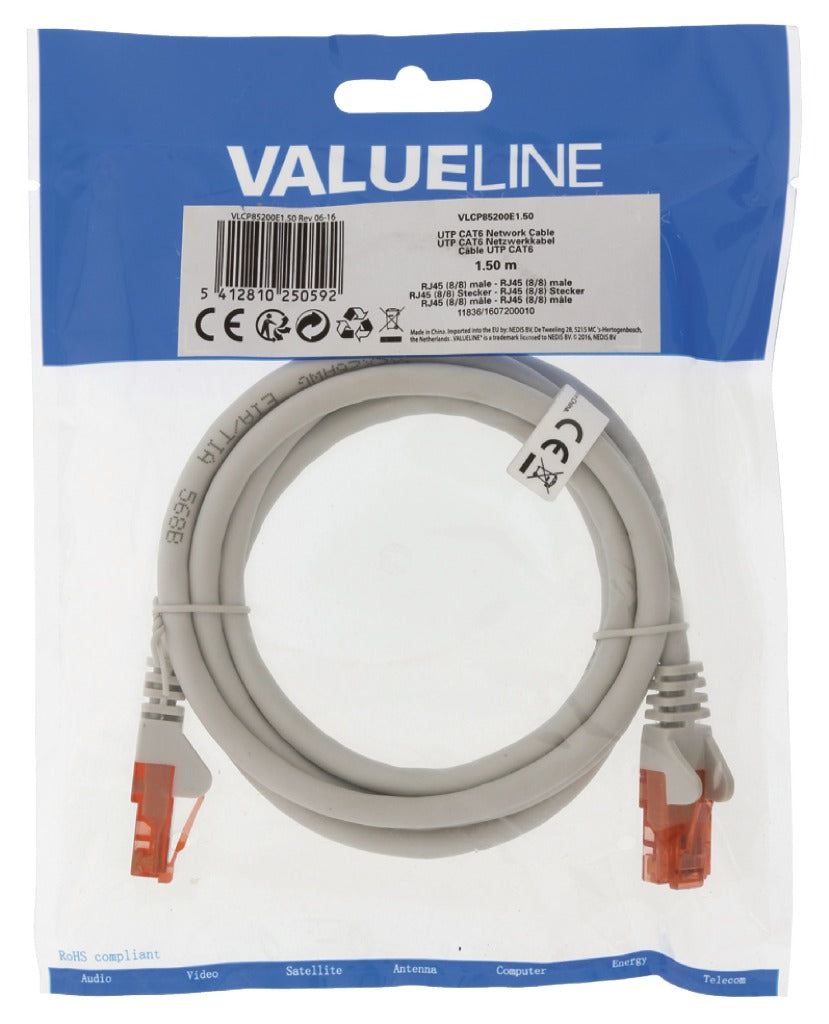 Valuelin Valueline VLCP85200E1.50 Cat6 UTP -Netzwerkkabel RJ45 (8 8) Männlich RJ45 (8 8) Männlich 1,50 m Grau