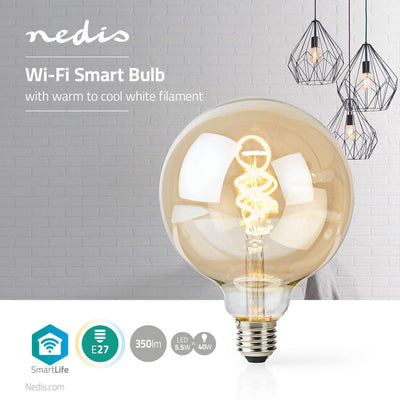 Nedis Wifilt10GDG125 Wi-Fi warm bis kühle weiße LED Fillamentlamp gedreht E27 G125 5,5 W 350 LM
